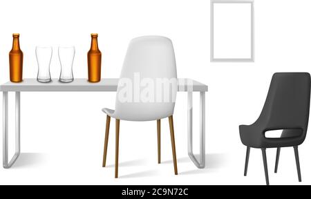 beer glasses and bottle on a table with chairs beside Stock Vector