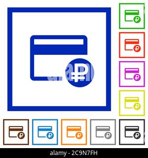 Ruble credit card flat color icons in square frames on white background Stock Vector