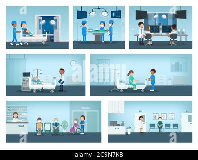 Set of surgery processes with surgeons and patient in room flat design vector illustration Stock Vector