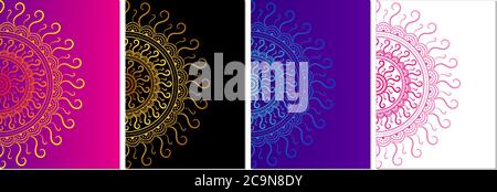 Set of Bright Colors Mandala Gradient Pattern Background. A4, Poster, Placard, Social media Template. Blue, Pink, Golden Black, Blue and Pink Placard Stock Vector