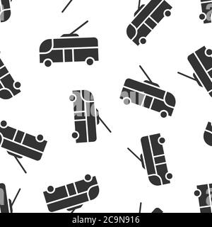 Trolleybus icon in flat style. Trolley bus vector illustration on white isolated background. Autobus vehicle seamless pattern business concept. Stock Vector
