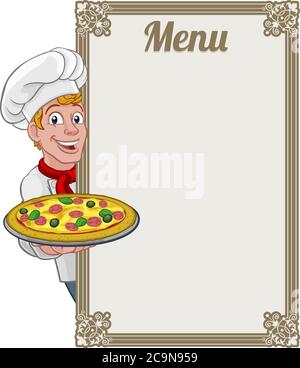 Pizza Chef Cook Cartoon Man Menu Sign Background Stock Vector