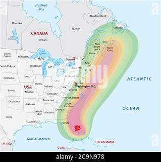 Schematic vector map of a fictional hurricane in North America Stock Vector