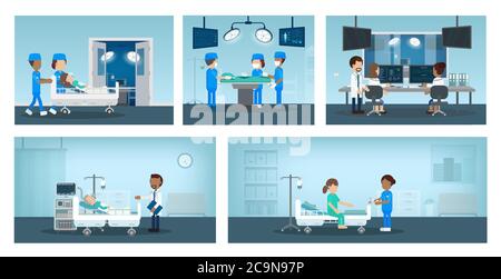 Set of surgery processes with surgeons and patient in room flat design vector illustration Stock Vector