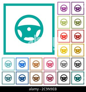 Steering wheel flat color icons with quadrant frames on white background Stock Vector