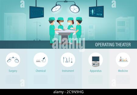 Surgeons operating infographic with surgeon and medical icons flat ...