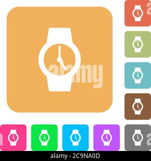 Watch flat icons on rounded square vivid color backgrounds. Stock Vector