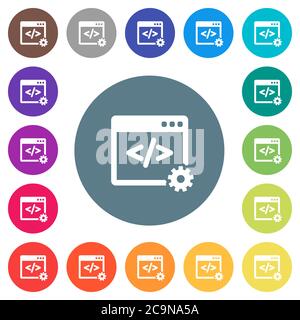 Web development flat white icons on round color backgrounds. 17 background color variations are included. Stock Vector