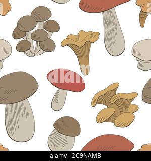 Mushrooms color seamless pattern background sketch illustration vector Stock Vector