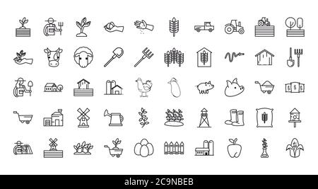 farm line style icon set design, agronomy lifestyle agriculture harvest rural farming and country theme Vector illustration Stock Vector