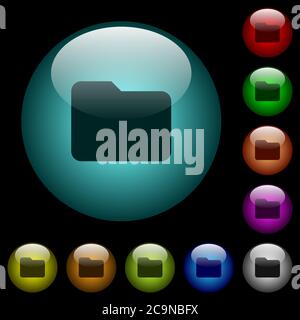 Single folder icons in color illuminated spherical glass buttons on black background. Can be used to black or dark templates Stock Vector