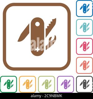 Swiss army knife simple icons in color rounded square frames on white background Stock Vector