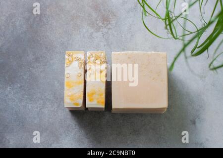 Handmade Soap Bars With Oatmeal Flakes Organic Soap Making Spa Treatments Selective Focus Stock Photo Alamy