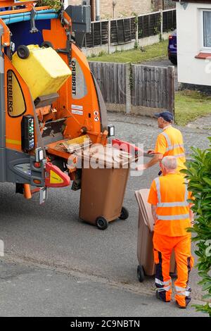 Council dustman workers & back of rubbish bin collection dustcart lorry truck dustmen collect green household garden waste wheelie bins recycling UK Stock Photo