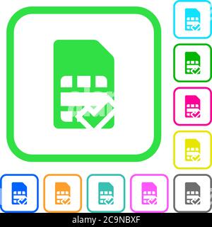 SIM card accepted vivid colored flat icons in curved borders on white background Stock Vector