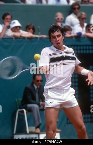 Ivan Lendl strokes a forehand during a match at the 1981 French Open at Roland Garros, the year Lendl reached his first grand slam final losing to Bjorn Borg in five sets. Stock Photo