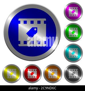 Tag movie icons on round luminous coin-like color steel buttons Stock Vector