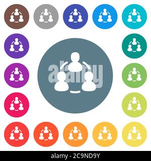 Online users flat white icons on round color backgrounds. 17 background color variations are included. Stock Vector