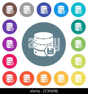 Database save flat white icons on round color backgrounds. 17 background color variations are included. Stock Vector