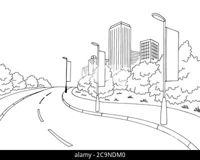 Road billboard graphic black white city landscape sketch illustration vector Stock Vector