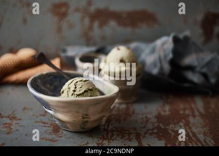 Homemade Green tea matcha ice cream. Stock Photo