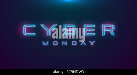 Cyber Monday sale HUD hologram cyberpunk style banner. Neon futuristic cyber Monday inscription on dark background. Design element for event Stock Vector