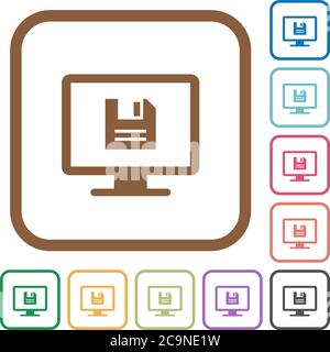 Save display settings simple icons in color rounded square frames on white background Stock Vector
