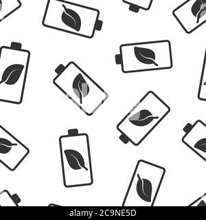 Eco battery icon in flat style. Power level vector illustration on white isolated background. Lithium accumulator seamless pattern business concept. Stock Vector