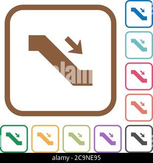 Escalator down sign simple icons in color rounded square frames on white background Stock Vector