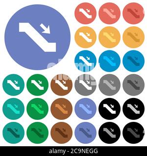 Escalator down sign multi colored flat icons on round backgrounds. Included white, light and dark icon variations for hover and active status effects, Stock Vector