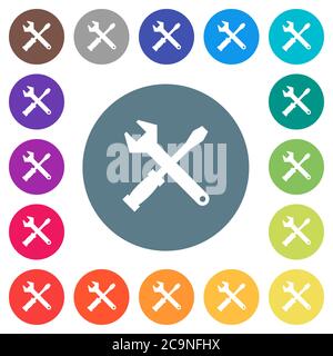 Tool kit flat white icons on round color backgrounds. 17 background color variations are included. Stock Vector