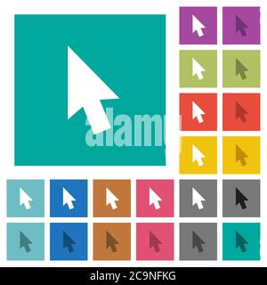 Mouse cursor multi colored flat icons on plain square backgrounds. Included white and darker icon variations for hover or active effects. Stock Vector