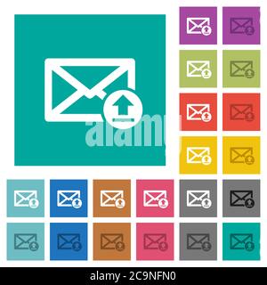 Sending email multi colored flat icons on plain square backgrounds. Included white and darker icon variations for hover or active effects. Stock Vector