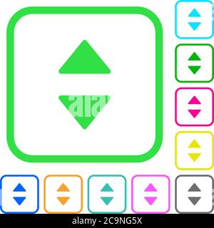 Vertical control arrows vivid colored flat icons in curved borders on white background Stock Vector