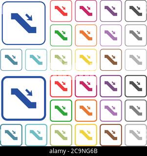 Escalator down sign color flat icons in rounded square frames. Thin and thick versions included. Stock Vector