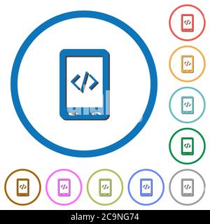 Mobile scripting flat color vector icons with shadows in round outlines on white background Stock Vector