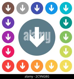 Down arrow flat white icons on round color backgrounds. 17 background color variations are included. Stock Vector