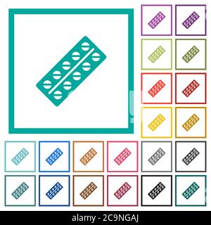 Batch of pills in blister pack flat color icons with quadrant frames on white background Stock Vector