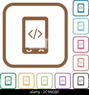 Mobile scripting simple icons in color rounded square frames on white background Stock Vector