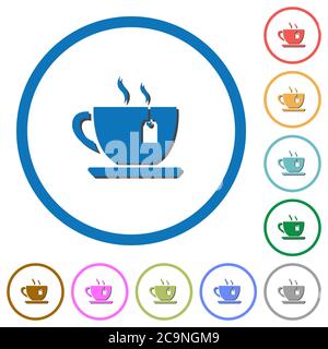 Cup of tea with teabag flat color vector icons with shadows in round outlines on white background Stock Vector