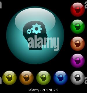 Settings icons in color illuminated spherical glass buttons on black ...