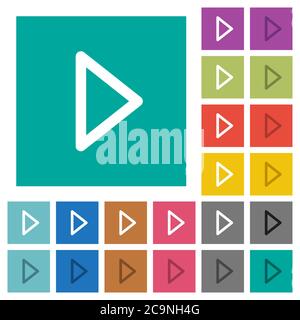 Media play multi colored flat icons on plain square backgrounds. Included white and darker icon variations for hover or active effects. Stock Vector