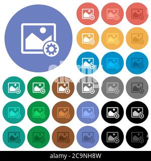 Image settings multi colored flat icons on round backgrounds. Included white, light and dark icon variations for hover and active status effects, and Stock Vector