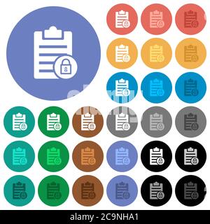 Note lock multi colored flat icons on round backgrounds. Included white, light and dark icon variations for hover and active status effects, and bonus Stock Vector