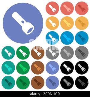 Flashlight multi colored flat icons on round backgrounds. Included white, light and dark icon variations for hover and active status effects, and bonu Stock Vector