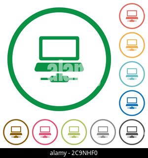 Network computer flat color icons in round outlines on white background Stock Vector