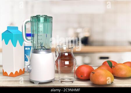 Ændringer fra dele Muskuløs Realistic looking mixer grinder, glass container and ripe fruits at wooden  table top in blurred kitchen interior background, 3d rendering Stock Photo  - Alamy