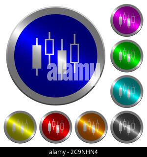 Candlestick chart icons on round luminous coin-like color steel buttons Stock Vector