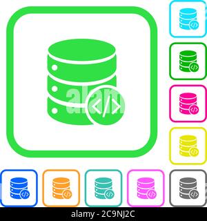 Database programming vivid colored flat icons in curved borders on white background Stock Vector