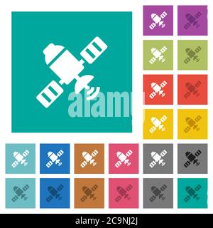 Satellite multi colored flat icons on plain square backgrounds. Included white and darker icon variations for hover or active effects. Stock Vector